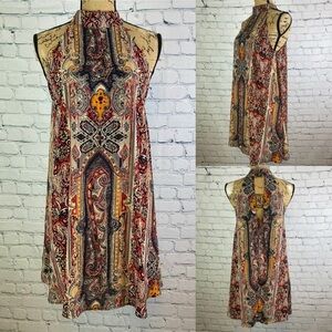 AUDREY 3+1 Boho Print Choker Neck Back Cutout Dress